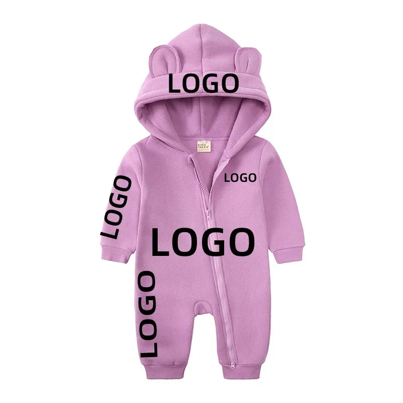 Kids Baby Boys Girls Custom Hoodies Bear Zipper Romper Clothes Newborn Cotton Fleece Personalized Thick Solid Bodysuit for 0-24M