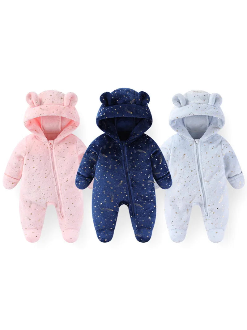2025 Winter New Baby Clothes Fur Hoodie Toddler Rompers Fur Thicken Lining Boys Jumpsuits Infant Footies