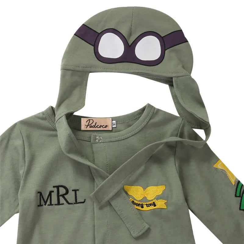 0-24months Baby Boys 2pcs Outfit Long Sleeve Pilot Romper + Cap Army Green Jumpsuit For Infant Boys Spring Autumn Playsuit