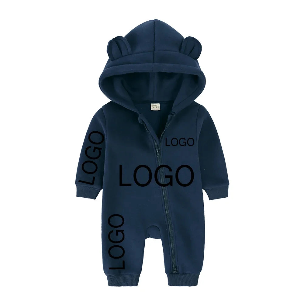 Kids Baby Boys Girls Custom Hoodies Bear Zipper Romper Clothes Newborn Cotton Fleece Personalized Thick Solid Bodysuit for 0-24M