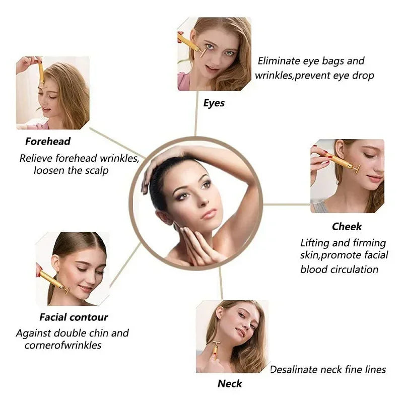 24K Gold Beauty Bar Face Massager Electric Vibrating Rose Quartz 3D Roller Face Lifting Body Facial Gua Sha Jade Roller
