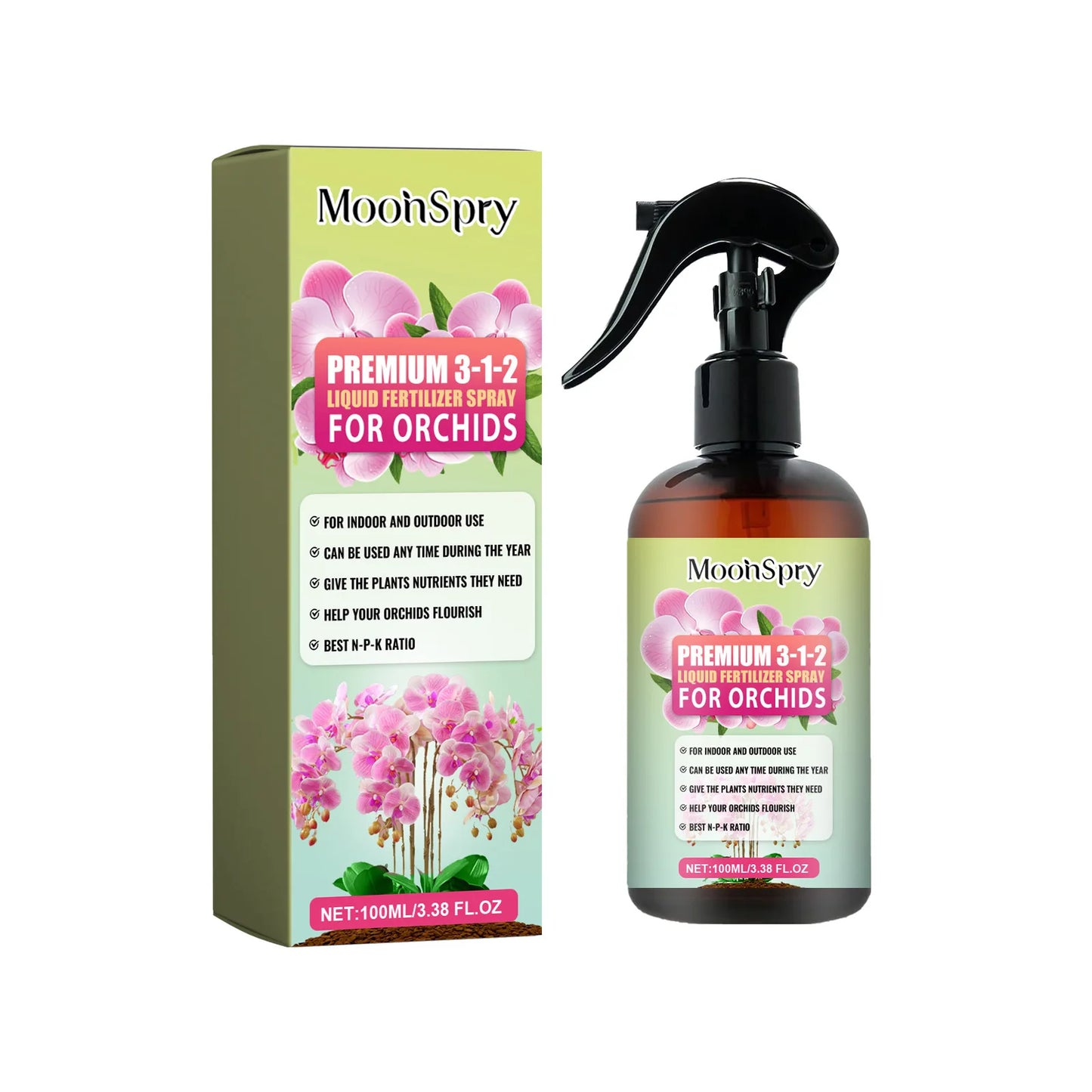 MoonSpry Orchid Bloom Booster - Professional Fertilizer Spray for Abundant Blooms & Leaf Growth. Nutrient-Rich Misting Supplies