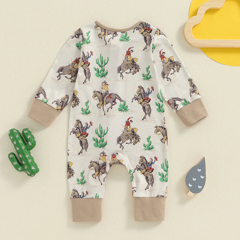 FOCUSNORM 0-12M Infant Baby Boys Western Jumpsuit Long Sleeve Horse Cactus Print Zipper Autumn Romper Clothes