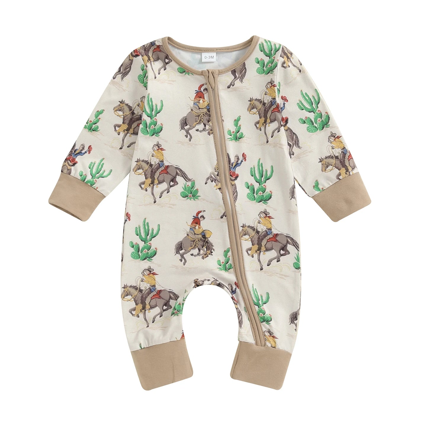 FOCUSNORM 0-12M Infant Baby Boys Western Jumpsuit Long Sleeve Horse Cactus Print Zipper Autumn Romper Clothes