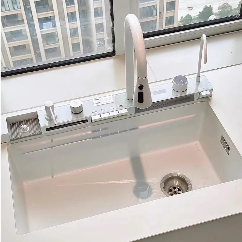 White Whale Rain Waterfall Kitchen Sink 304 Stainless Steel with Digital Display Thickened Honeycomb Design for Household