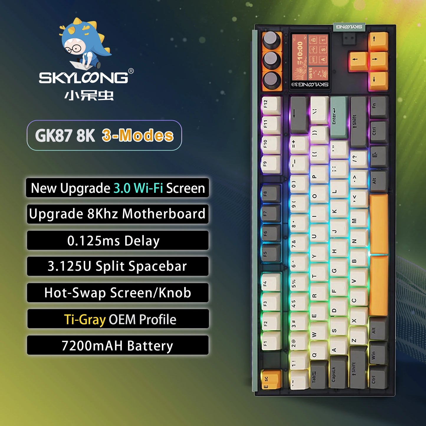 SKYLOONG GK87 Pro Wireless Gaming Keyboard 8Khz Mechanical Keyboard PBT Keycaps RGB LED Bluetooth Keyboard with knobs Hot-swap
