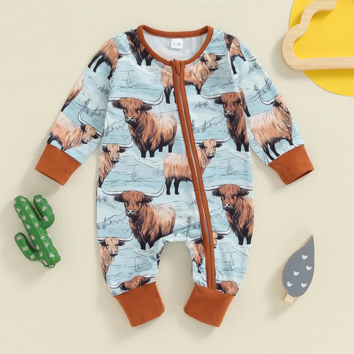 FOCUSNORM 0-12M Infant Baby Boys Western Jumpsuit Long Sleeve Horse Cactus Print Zipper Autumn Romper Clothes