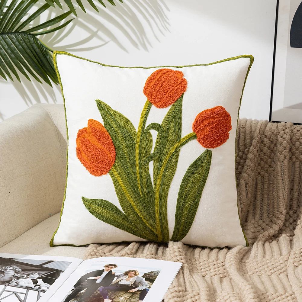 Home Decor Floral Cushion Cover Embroidered Flower Linen Simple Sofa Headboard Pillow Case Office Cushion Cover Cogines 45x45cm