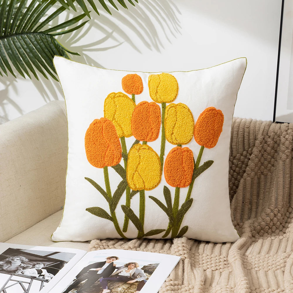 Home Decor Floral Cushion Cover Embroidered Flower Linen Simple Sofa Headboard Pillow Case Office Cushion Cover Cogines 45x45cm