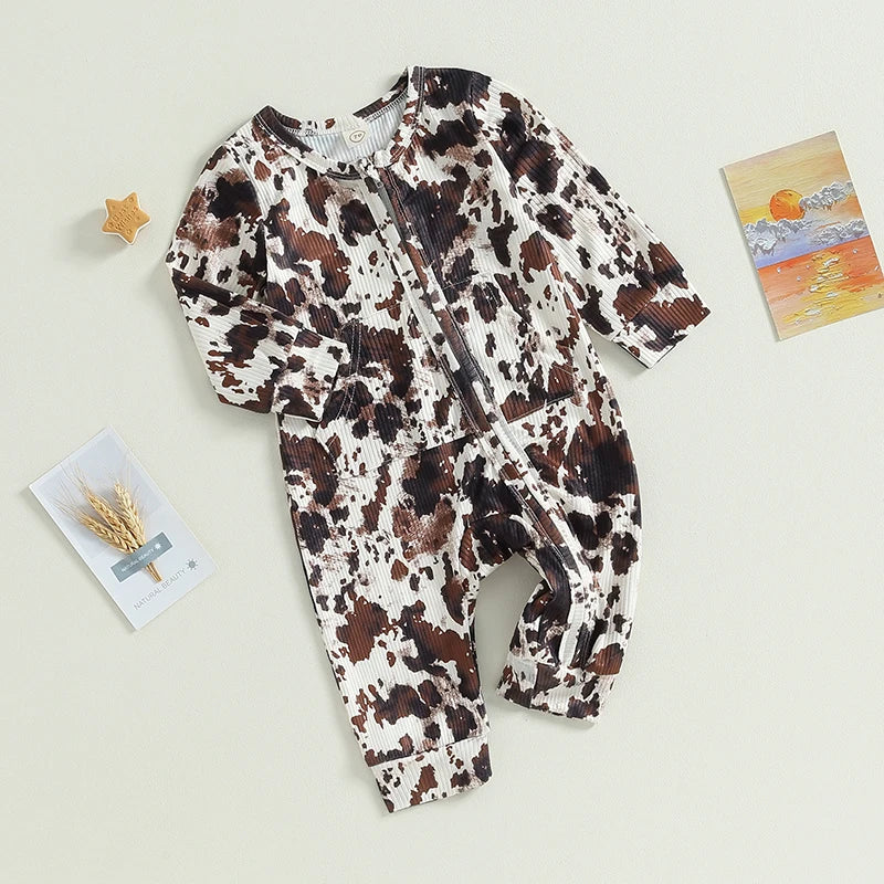 FOCUSNORM 0-18M Autumn Baby Girls Boys Western Jumpsuits Cow Print Long Sleeve Zipper Pocket Romper Pants
