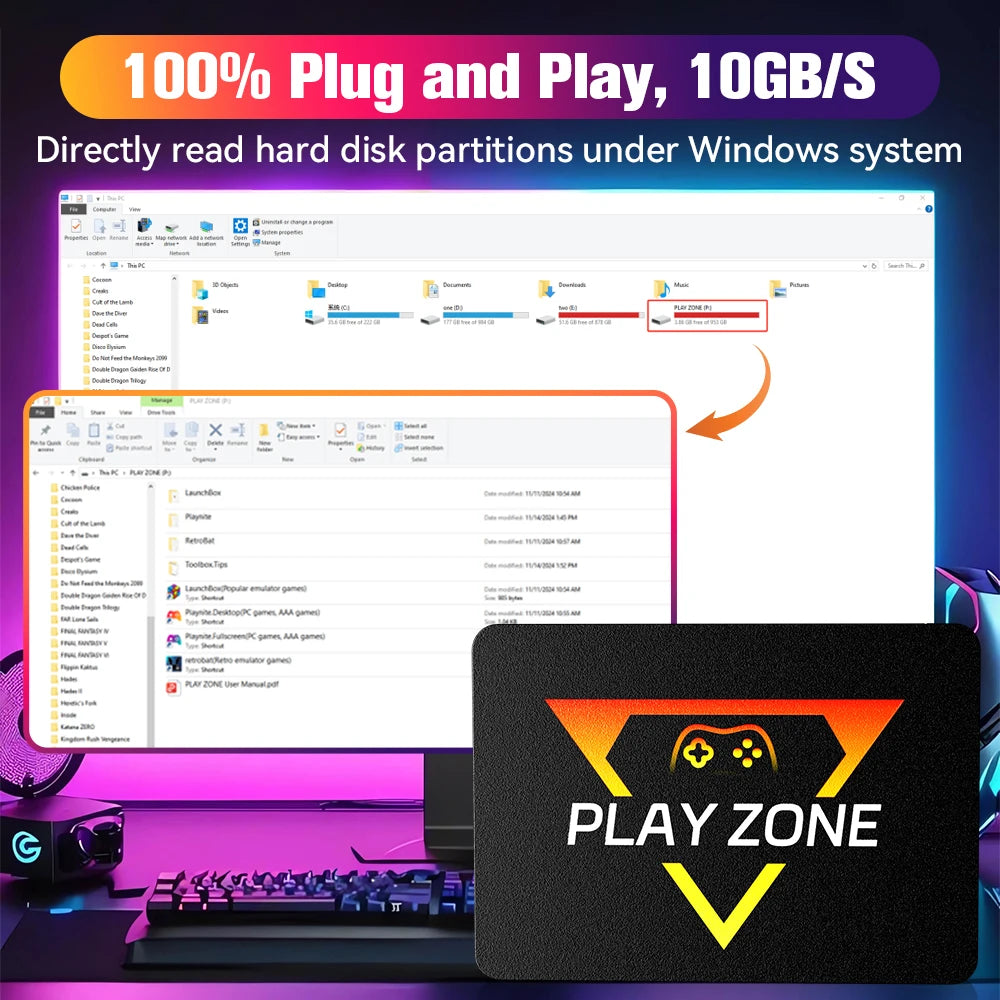 Retro Gaming SSD for Switch/PS5/Xbox/PS4/PS3/PS2/WIIU 80+Emulators Launchbox&Retrobat&Playnite 16191 Games Console for PC/Laptop