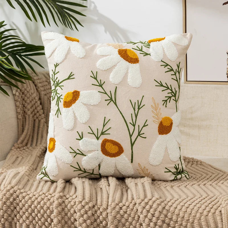Home Decor Floral Cushion Cover Embroidered Flower Linen Simple Sofa Headboard Pillow Case Office Cushion Cover Cogines 45x45cm