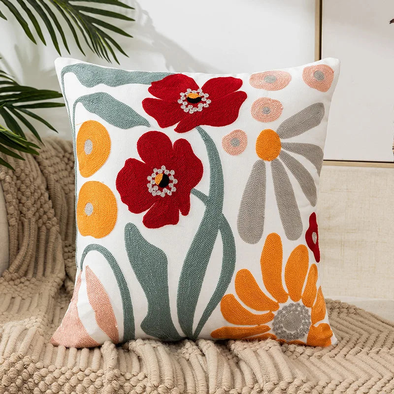 Home Decor Floral Cushion Cover Embroidered Flower Linen Simple Sofa Headboard Pillow Case Office Cushion Cover Cogines 45x45cm