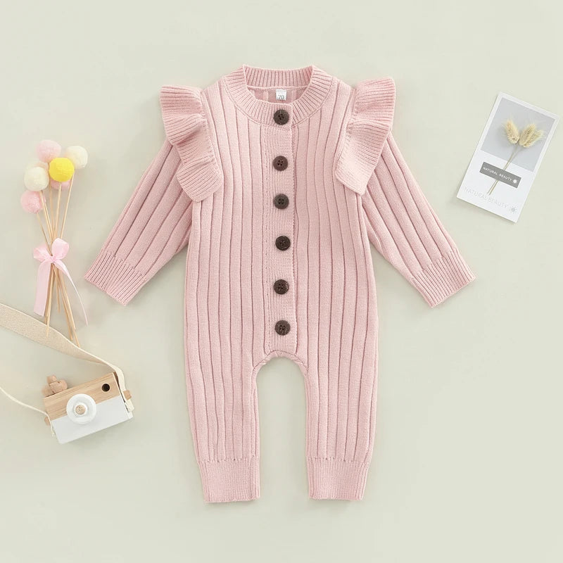 FOCUSNORM 0-18M Autumn Winter Baby Girls Boys Romper 3 Colors Solid Long Fly Sleeve Knitted Single Breasted Jumpsuit