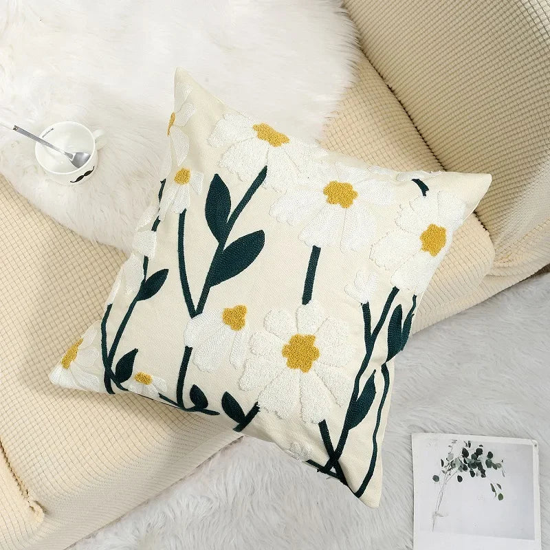Home Decor Floral Cushion Cover Embroidered Flower Linen Simple Sofa Headboard Pillow Case Office Cushion Cover Cogines 45x45cm