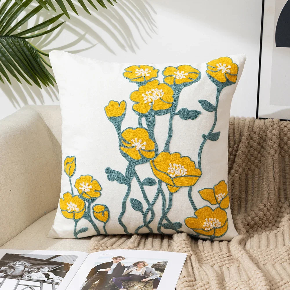Home Decor Floral Cushion Cover Embroidered Flower Linen Simple Sofa Headboard Pillow Case Office Cushion Cover Cogines 45x45cm