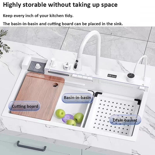 White Whale Rain Waterfall Kitchen Sink 304 Stainless Steel with Digital Display Thickened Honeycomb Design for Household