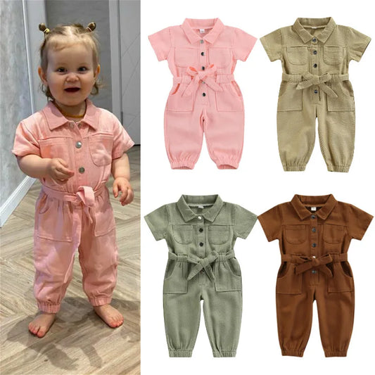0-6Years Baby Girls Denim Jumpsuit Overalls 2024 Kids Clothes Toddler Short Sleeve Lapel Pocket Long Pant Romper Children Outfit