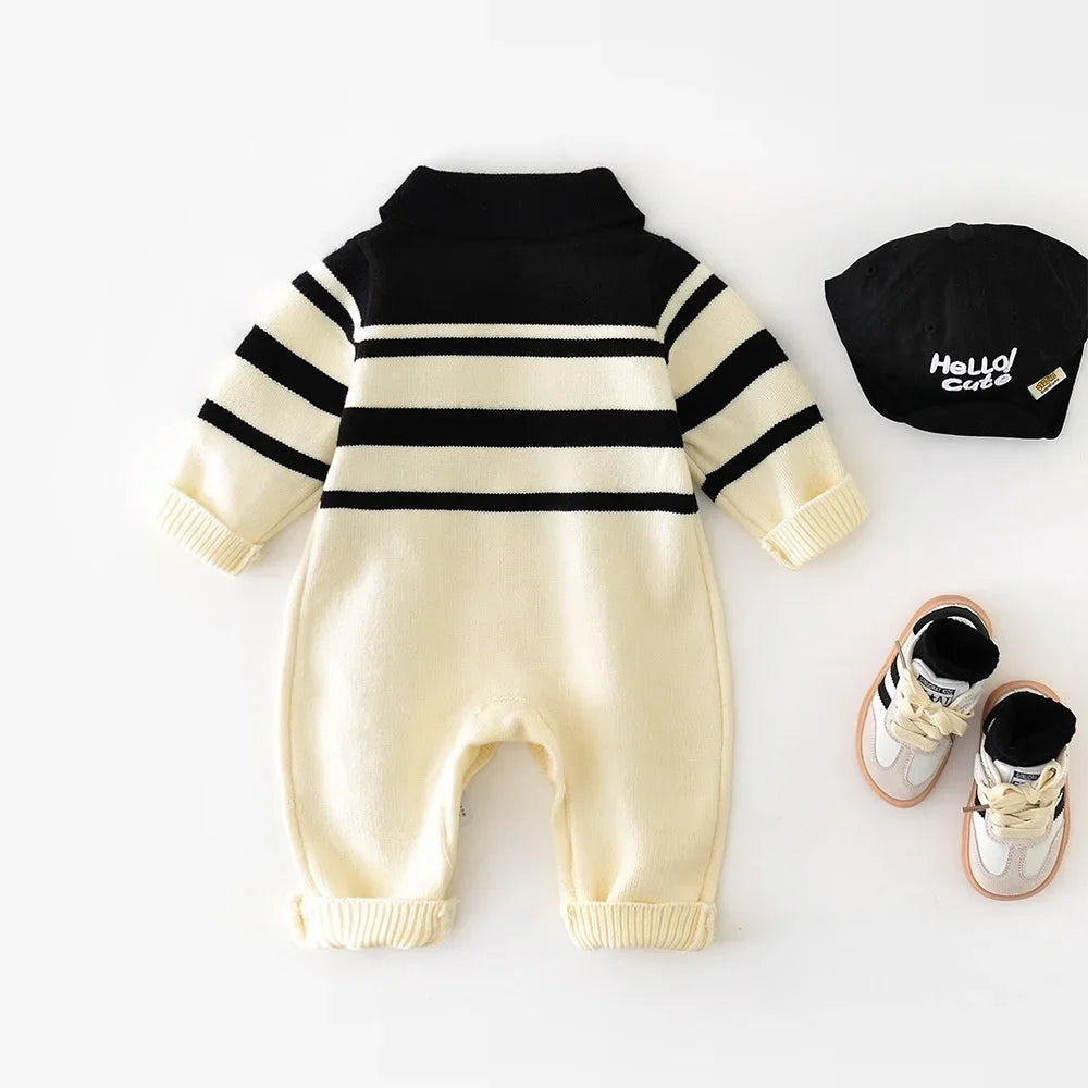Autumn Baby Boys Knitted Romper 0-24 Months Cream & Black Stripe Collared Nautical Style Zipper Front Infant Jumpsuit
