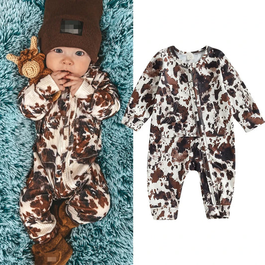 FOCUSNORM 0-18M Autumn Baby Girls Boys Western Jumpsuits Cow Print Long Sleeve Zipper Pocket Romper Pants