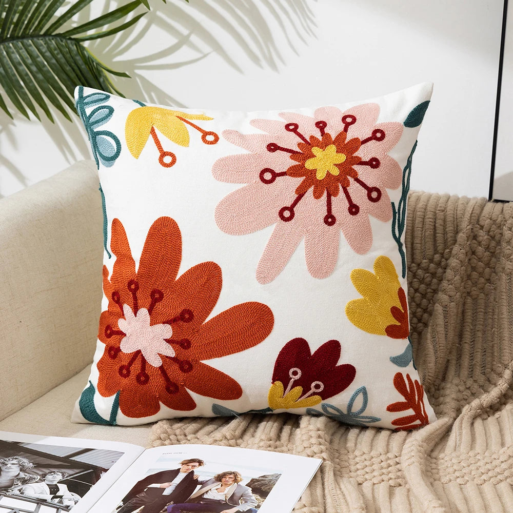 Home Decor Floral Cushion Cover Embroidered Flower Linen Simple Sofa Headboard Pillow Case Office Cushion Cover Cogines 45x45cm