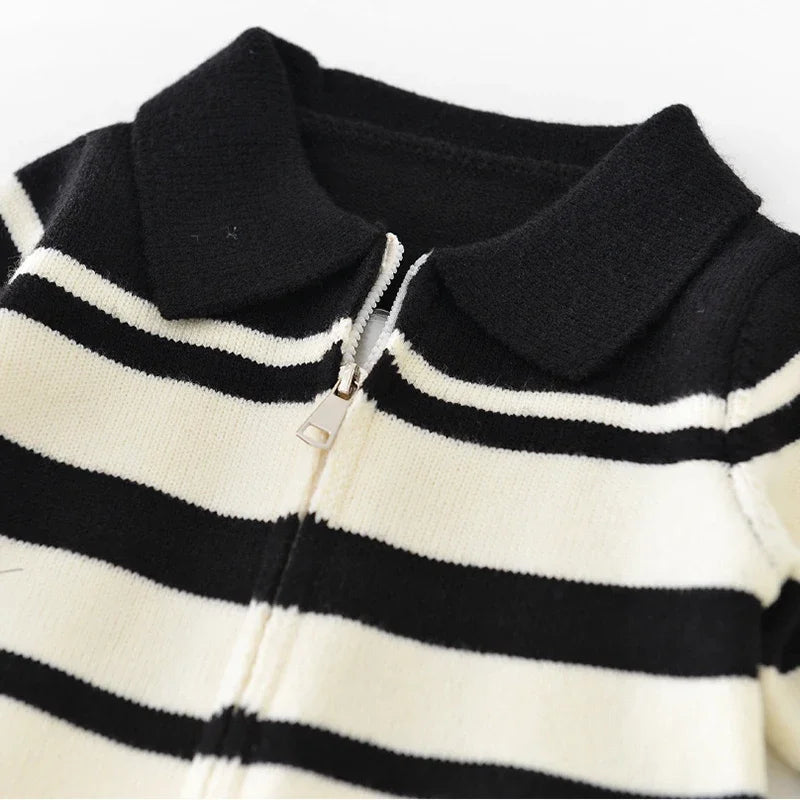 Autumn Baby Boys Knitted Romper 0-24 Months Cream & Black Stripe Collared Nautical Style Zipper Front Infant Jumpsuit
