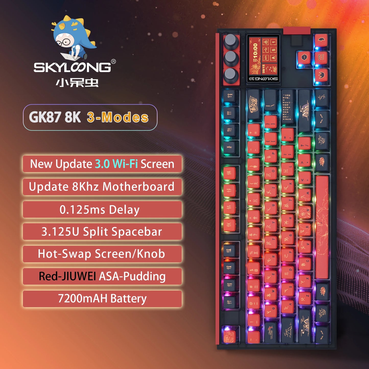 SKYLOONG GK87 Pro Wireless Gaming Keyboard 8Khz Mechanical Keyboard PBT Keycaps RGB LED Bluetooth Keyboard with knobs Hot-swap