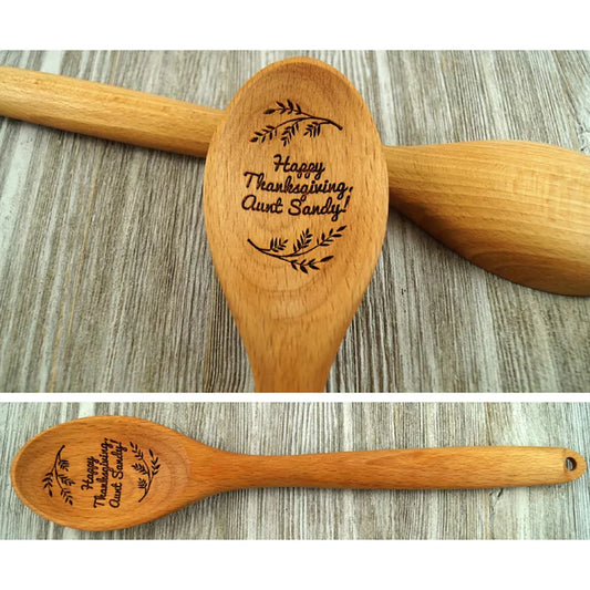 Personalized 1Pcs Happy Thanksgiving Beech Wooden Spoon Gift Fall Holiday Home Decor Kitchen Accessory Housewarming Hostess Gift