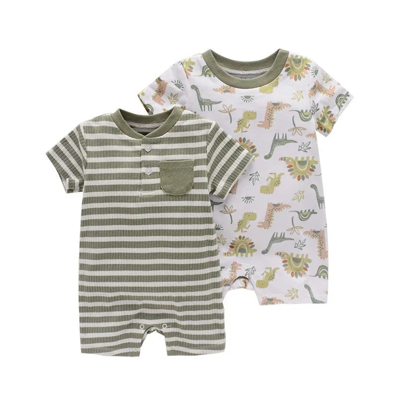 Newborn Baby Dinosaur Jumpsuit 2-Piece Set Of Striped Printed Baby Summer Short Sleeved Clothes