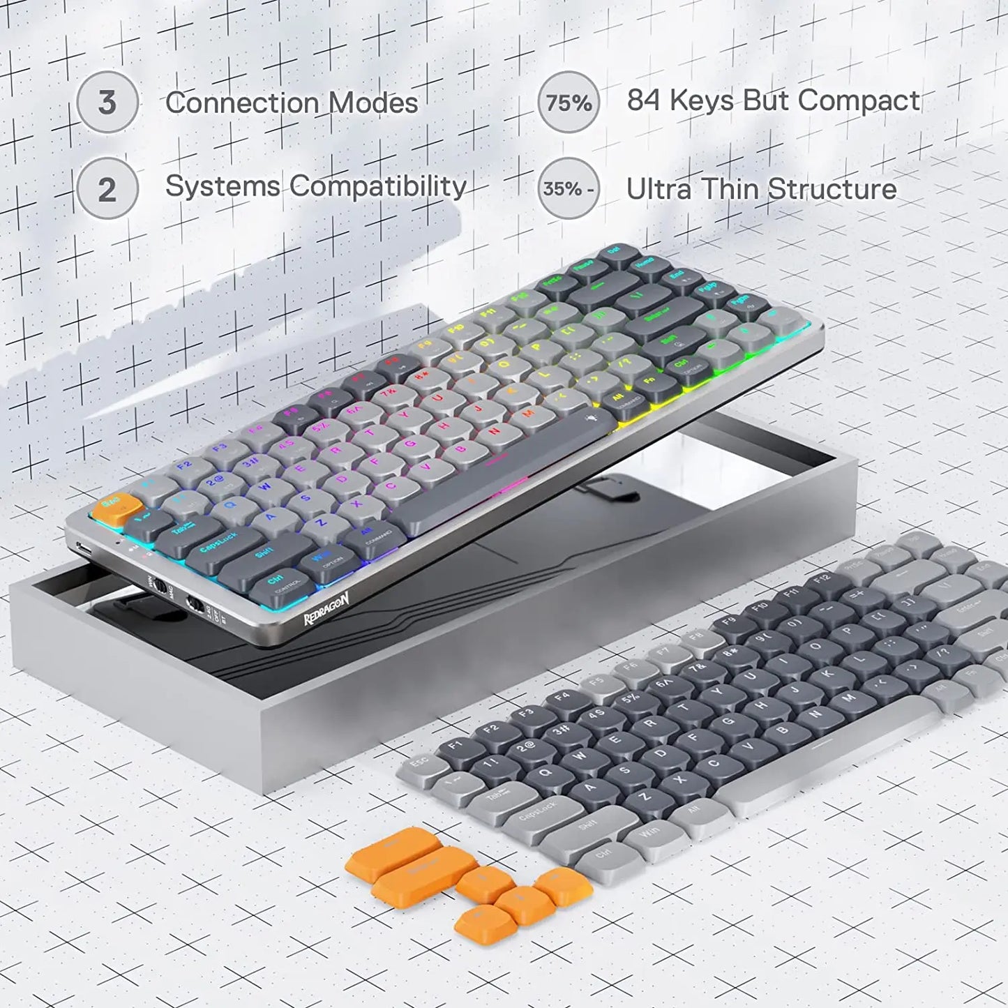 Redragon K652 75% Wireless RGB Mechanical Keyboard, Bluetooth\/2.4Ghz\/Wired Tri-Mode 84 Keys Ultra-Thin Gaming Keyboard