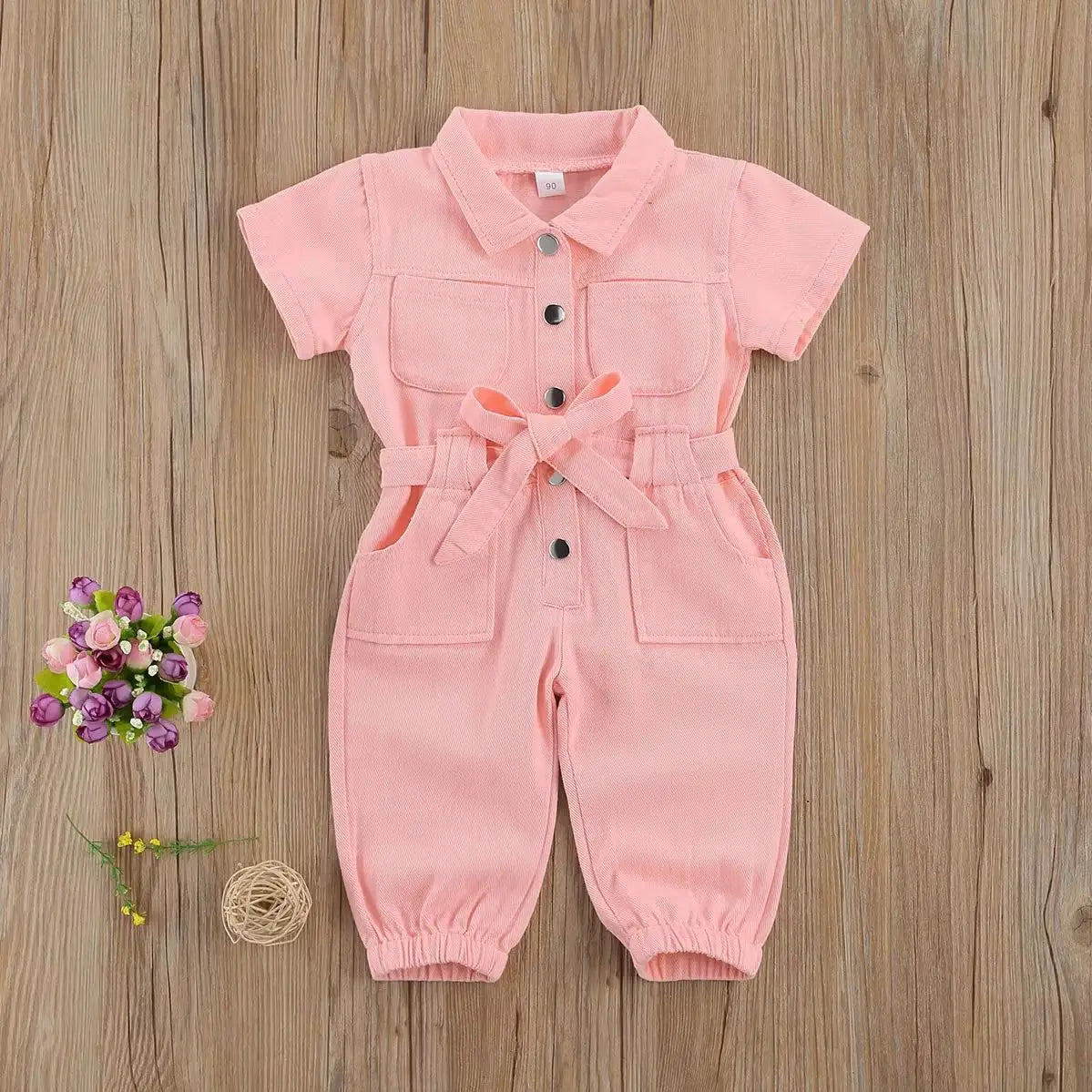 0-6Years Baby Girls Denim Jumpsuit Overalls 2024 Kids Clothes Toddler Short Sleeve Lapel Pocket Long Pant Romper Children Outfit