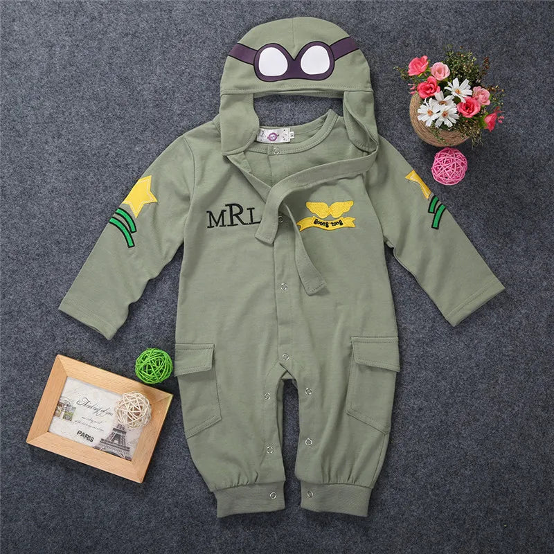 0-24months Baby Boys 2pcs Outfit Long Sleeve Pilot Romper + Cap Army Green Jumpsuit For Infant Boys Spring Autumn Playsuit