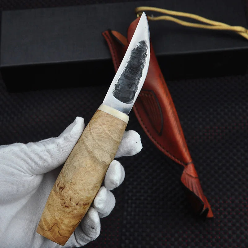 Yakut High Carbon Steel Forging Small Straight Knife Outdoor Camping Hunting Tactical Defense Fixed Knife Solid Wood Handle EDC