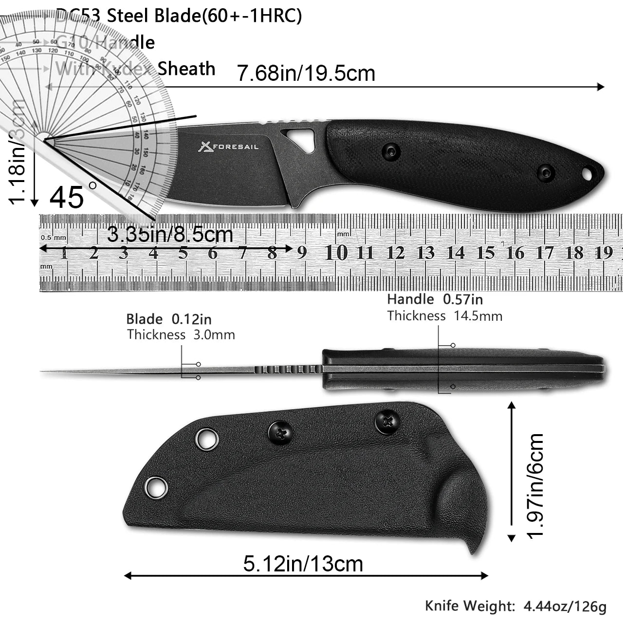 FORESAIL Fixed Blade Knife,DC53 Steel Blade and G10 Handle,with Kydex Sheath,Fixed EDC Tactical Knife, Outdoor Camping Knives