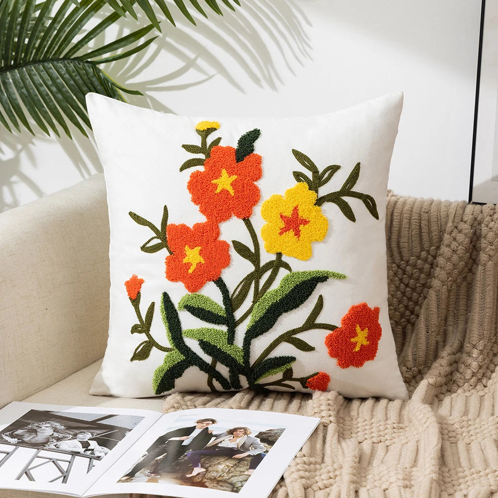 Home Decor Floral Cushion Cover Embroidered Flower Linen Simple Sofa Headboard Pillow Case Office Cushion Cover Cogines 45x45cm