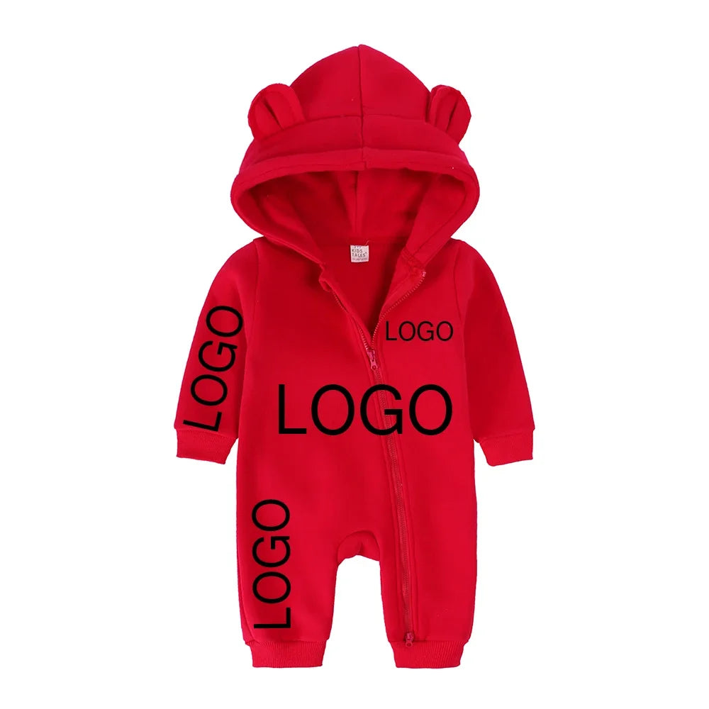 Kids Baby Boys Girls Custom Hoodies Bear Zipper Romper Clothes Newborn Cotton Fleece Personalized Thick Solid Bodysuit for 0-24M