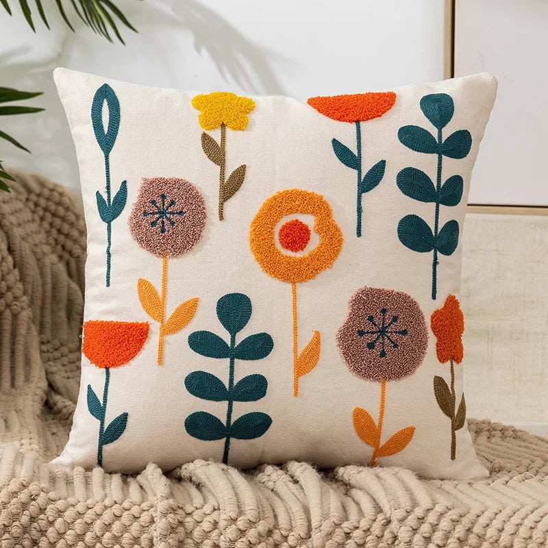 Home Decor Floral Cushion Cover Embroidered Flower Linen Simple Sofa Headboard Pillow Case Office Cushion Cover Cogines 45x45cm