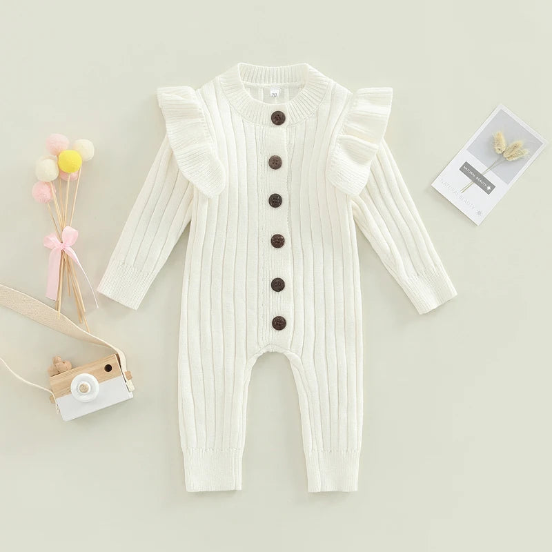 FOCUSNORM 0-18M Autumn Winter Baby Girls Boys Romper 3 Colors Solid Long Fly Sleeve Knitted Single Breasted Jumpsuit