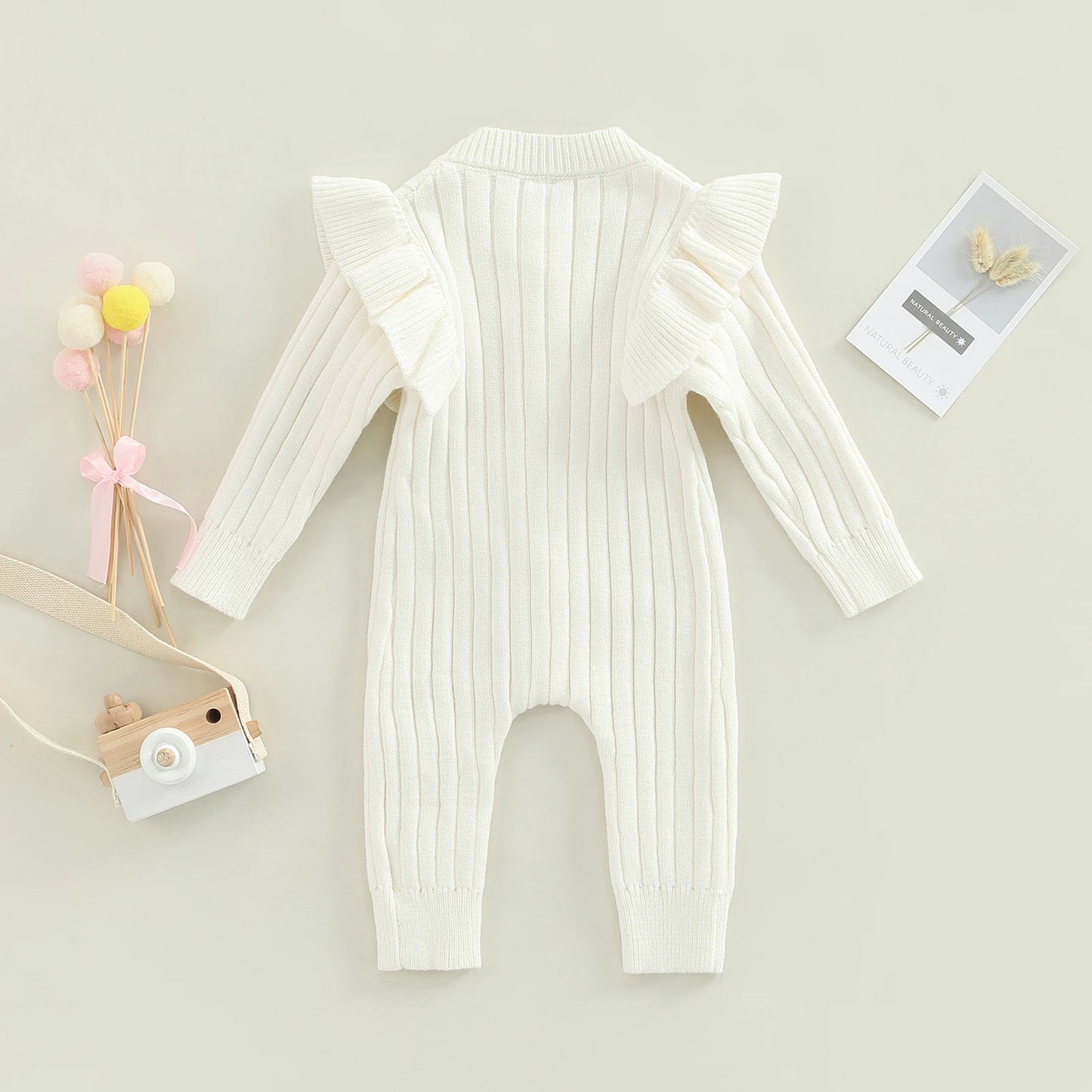 Infant Newborn Baby Girl Knitted Long Sleeve Ribbed Jumpsuit Fashion Solid Color Round Neck Button Long Romper