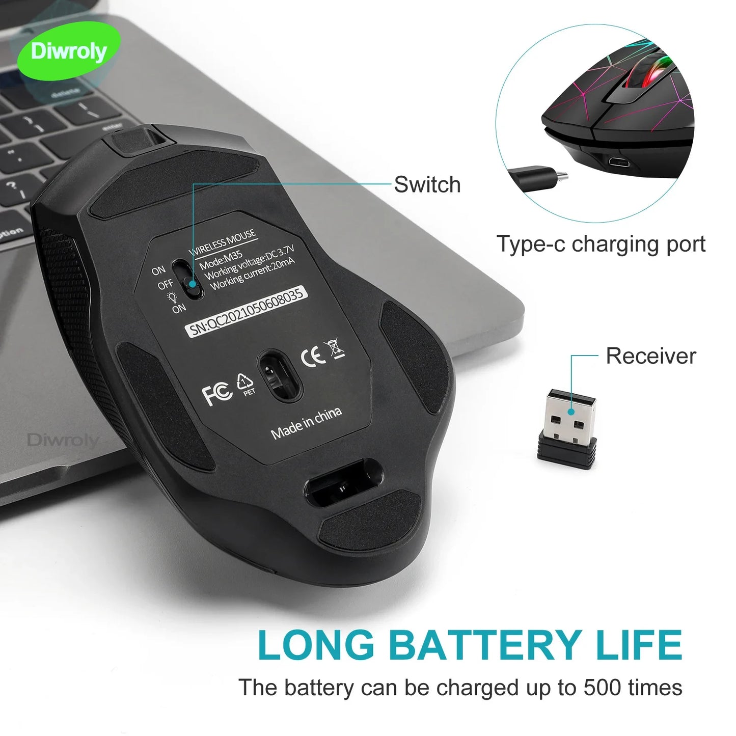 2.4G Wireless Mouse Rechargeable Gamer PC Mice Ergonomic 400mAh with 1600DPI Gaming Mice for Office Laptop with Windows Mac