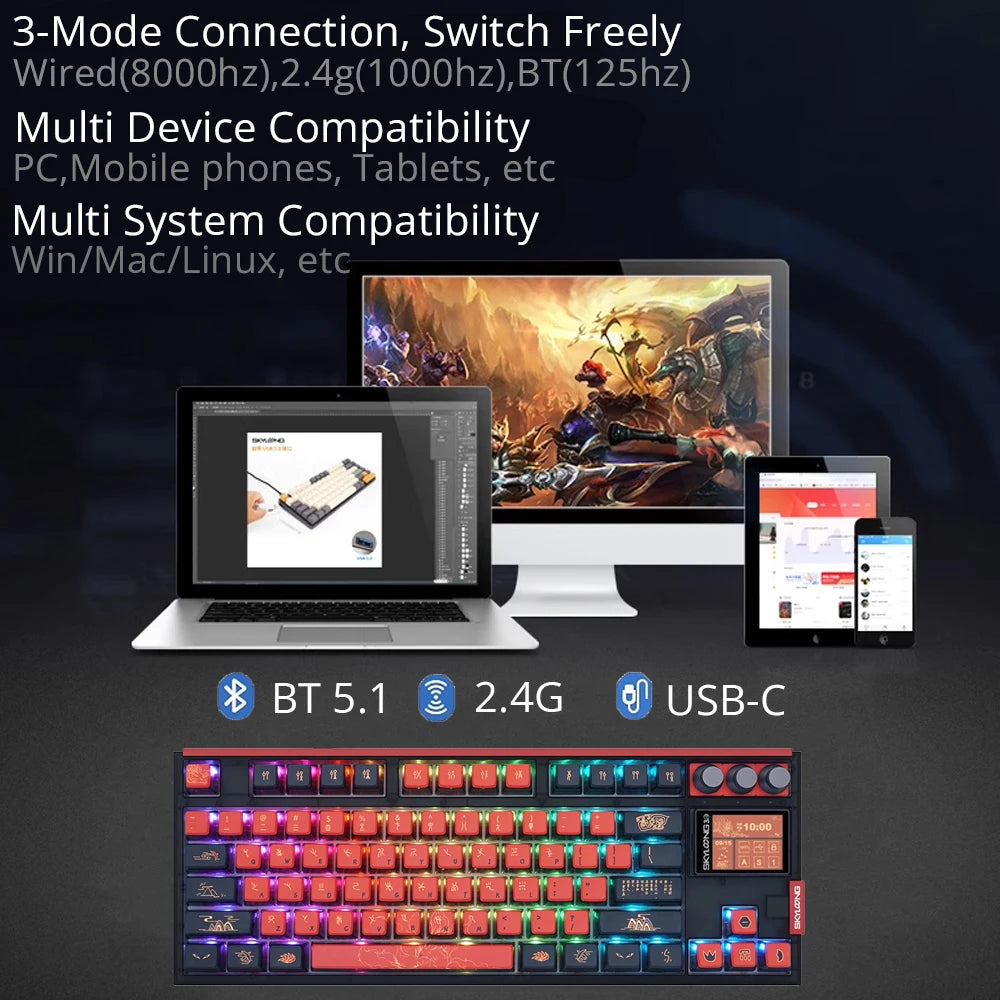SKYLOONG GK87 Pro Wireless Gaming Keyboard 8Khz Mechanical Keyboard PBT Keycaps RGB LED Bluetooth Keyboard with knobs Hot-swap