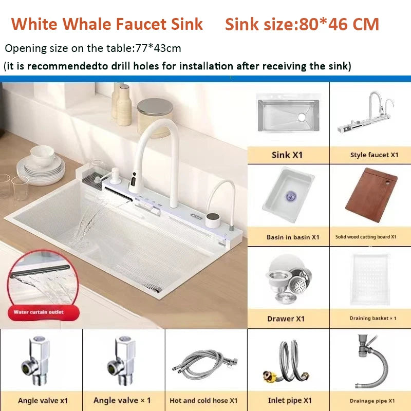 White Whale Rain Waterfall Kitchen Sink 304 Stainless Steel with Digital Display Thickened Honeycomb Design for Household