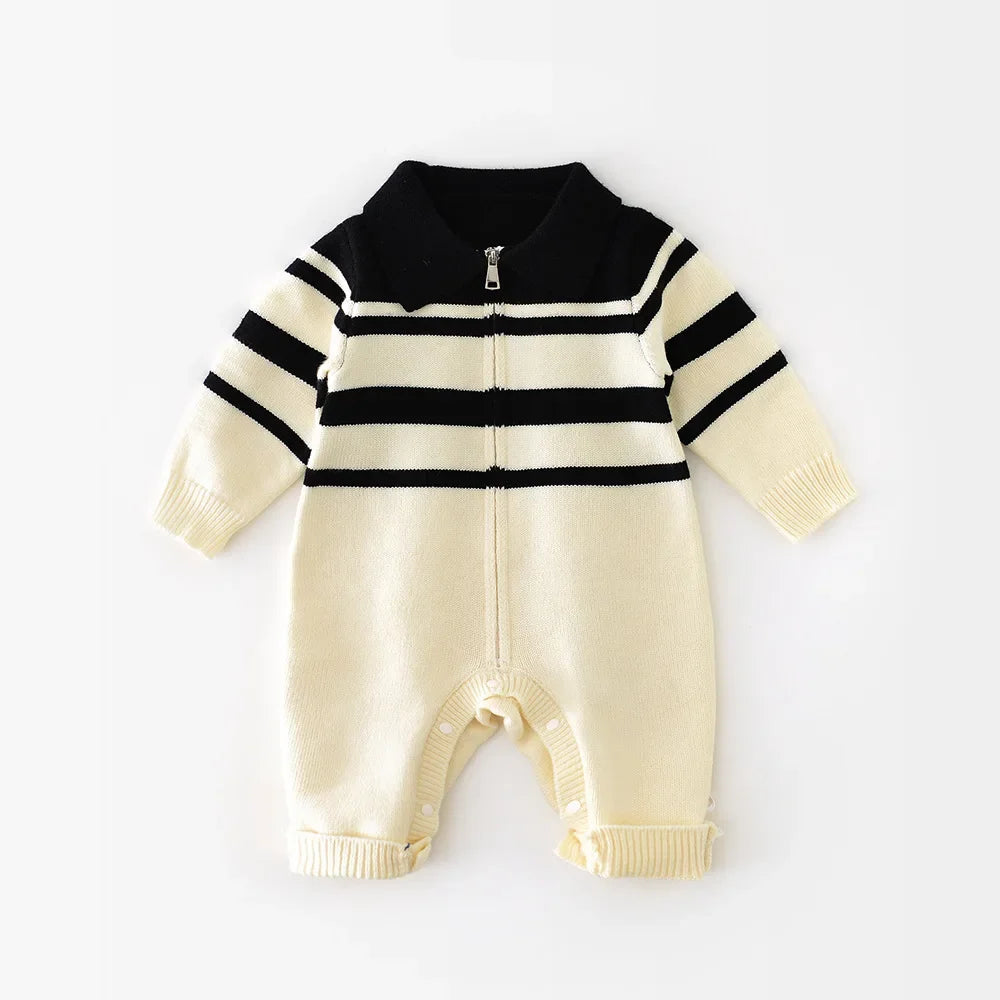 Autumn Baby Boys Knitted Romper 0-24 Months Cream & Black Stripe Collared Nautical Style Zipper Front Infant Jumpsuit