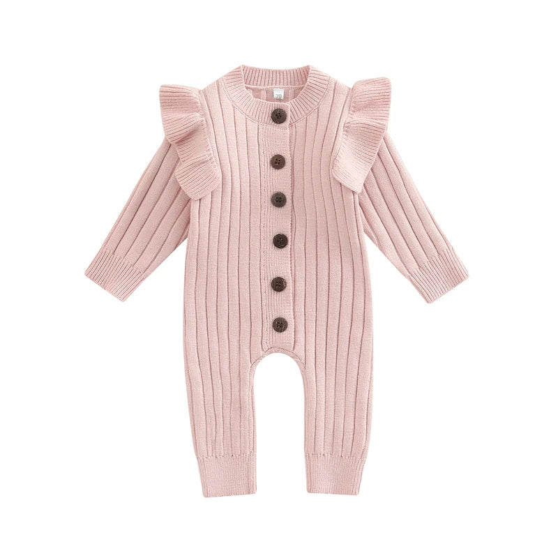 FOCUSNORM 0-18M Autumn Winter Baby Girls Boys Romper 3 Colors Solid Long Fly Sleeve Knitted Single Breasted Jumpsuit