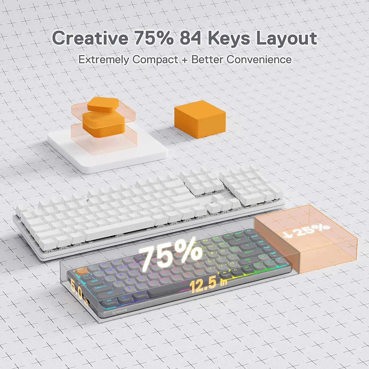 Redragon K652 75% Wireless RGB Mechanical Keyboard, Bluetooth\/2.4Ghz\/Wired Tri-Mode 84 Keys Ultra-Thin Gaming Keyboard
