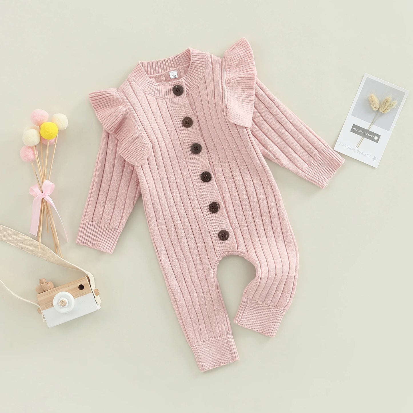 Infant Newborn Baby Girl Knitted Long Sleeve Ribbed Jumpsuit Fashion Solid Color Round Neck Button Long Romper