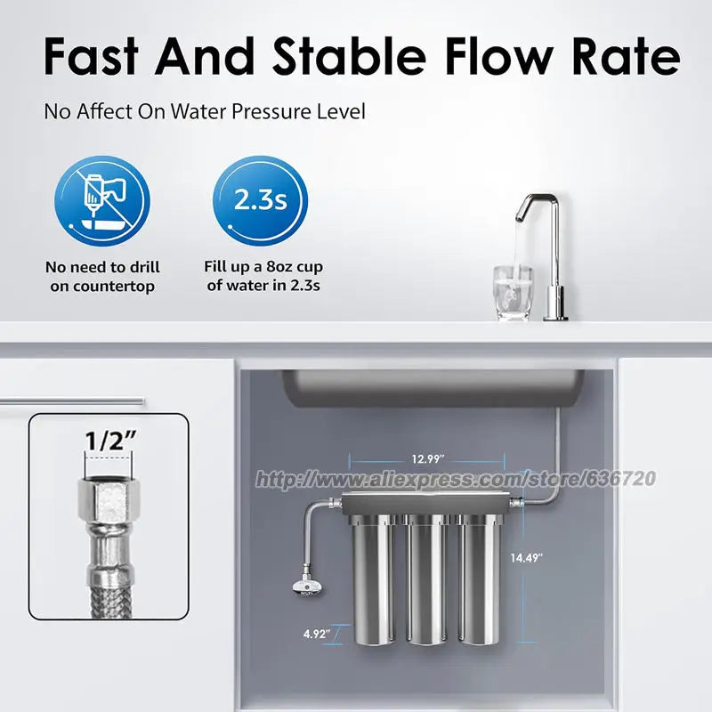 Waterdrop TSTUF 0.01μm Ultra-Filtration Under Sink Water Filter, Stainless Steel Water Filter for Sink, 5X Service Life