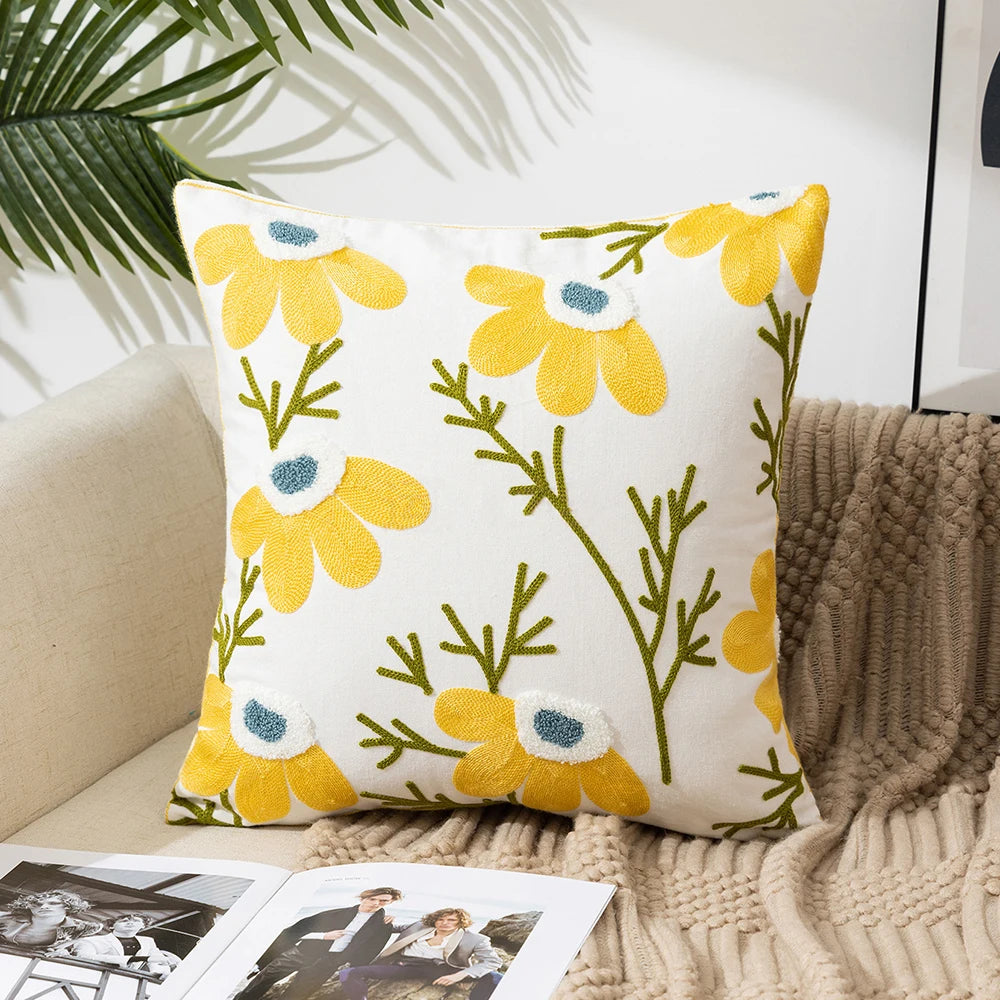 Home Decor Floral Cushion Cover Embroidered Flower Linen Simple Sofa Headboard Pillow Case Office Cushion Cover Cogines 45x45cm