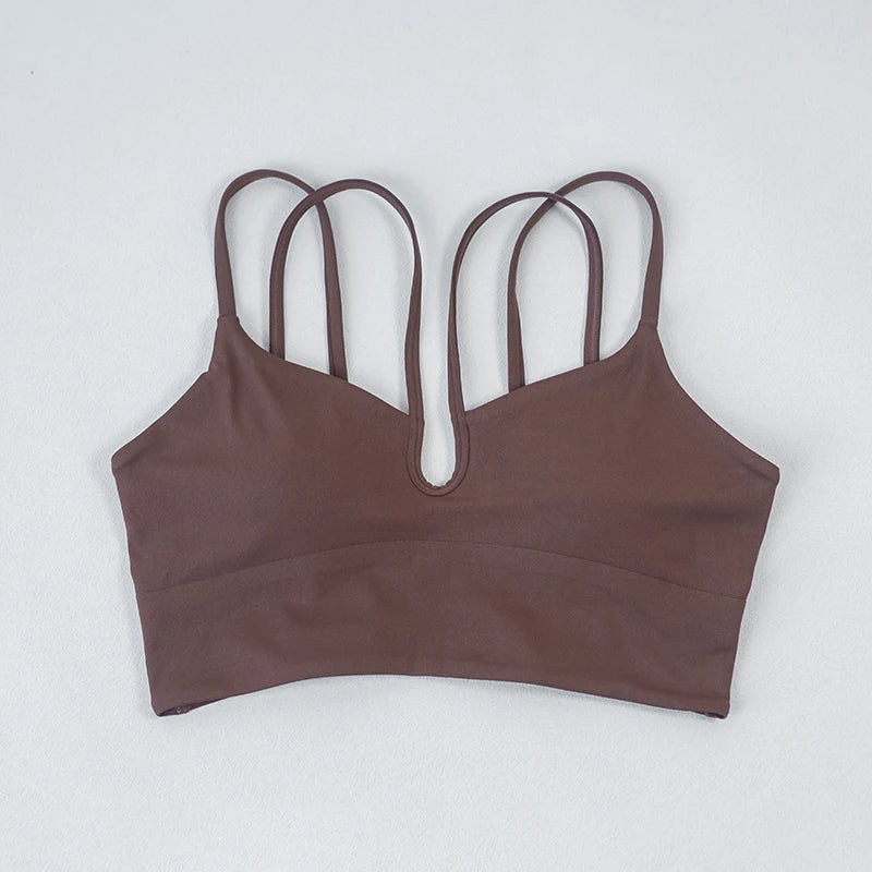 Fitness Sports Bra Women's Top Solid Color Multi Belt Cross Back Gym Yoga Fitness Tight Soft Detachable Chest Mat