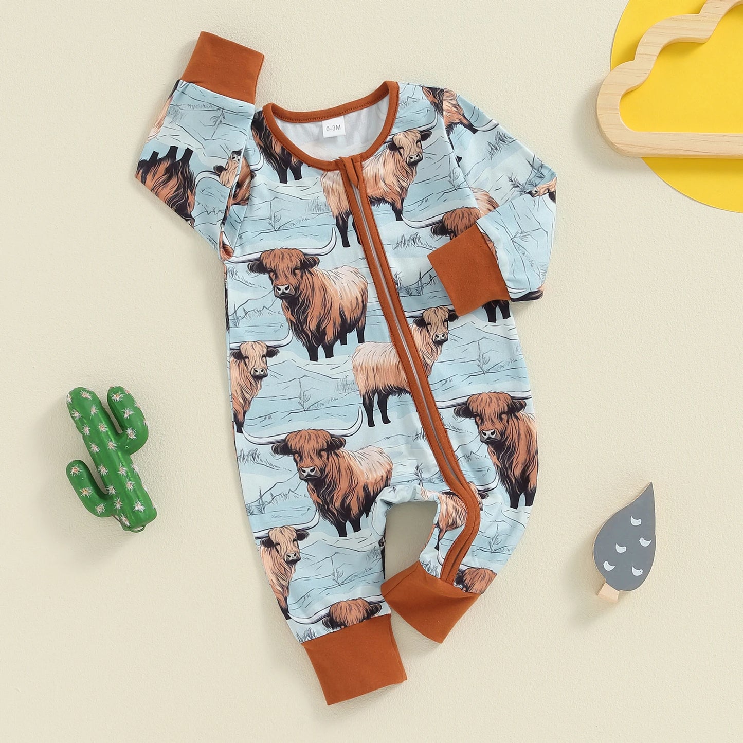 FOCUSNORM 0-12M Infant Baby Boys Western Jumpsuit Long Sleeve Horse Cactus Print Zipper Autumn Romper Clothes